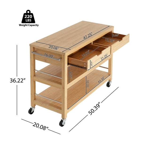 English Elm Indoor Bamboo Rolling Kitchen Cart with Drawers Open Shelves and Locking Casters N775P396854N