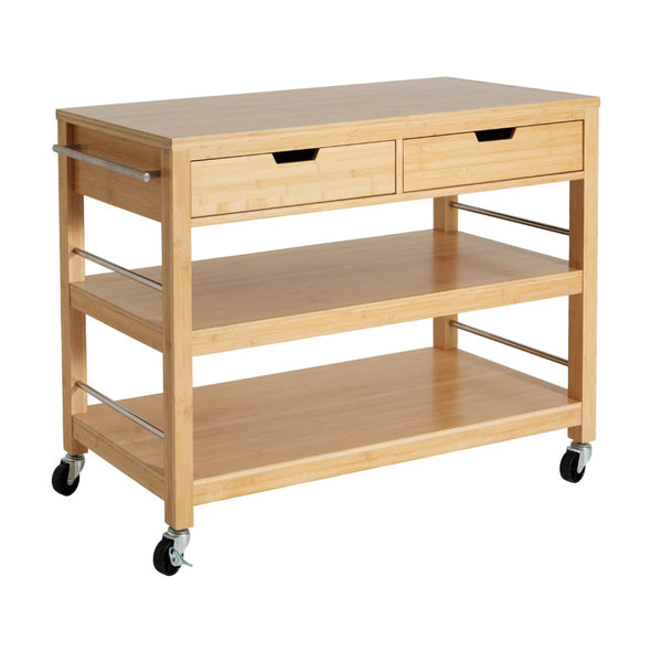 English Elm Indoor Bamboo Rolling Kitchen Cart with Drawers Open Shelves and Locking Casters N775P396854N