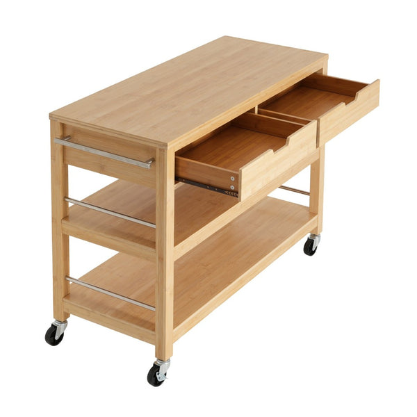 English Elm Indoor Bamboo Rolling Kitchen Cart with Drawers Open Shelves and Locking Casters N775P396854N