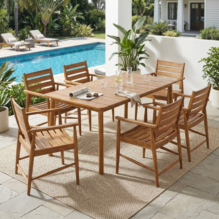 English Elm Wingate Solid Acacia Wood Outdoor Dining Set Seats Six with Slatted Armchairs N775P402299T-6_N775P235144T