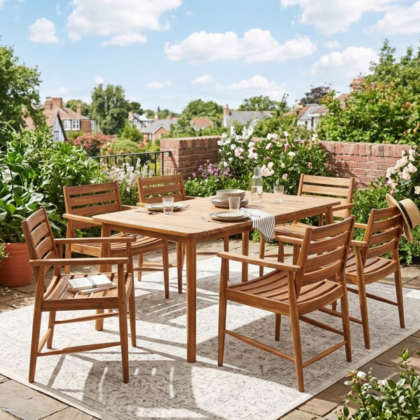 English Elm Wingate Solid Acacia Wood Outdoor Dining Set Seats Six with Slatted Armchairs N775P402299T-6_N775P235144T