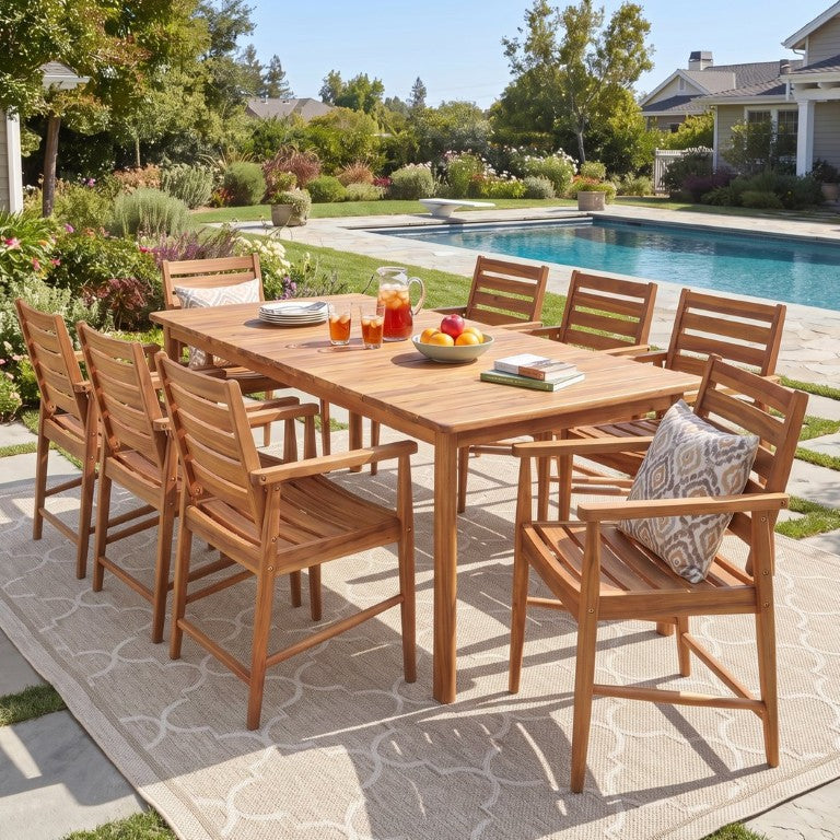 English Elm Wingate Outdoor Solid Acacia Wood 9 Piece Patio Dining Set with Eight Armchairs N775P402299T-8_N775P367562T