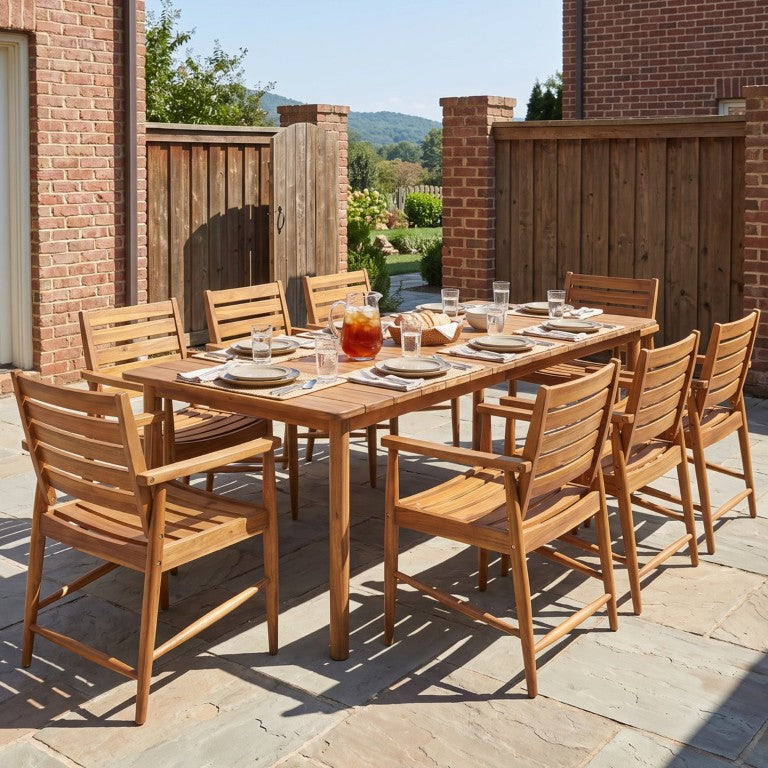 English Elm Wingate Outdoor Solid Acacia Wood 9 Piece Patio Dining Set with Eight Armchairs N775P402299T-8_N775P367562T