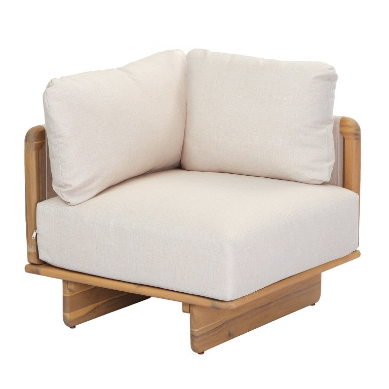English Elm Jun Corner Accent Chair Solid Acacia Wood Frame Beige Polyester Cushion Nordic Lounge N775P405631L