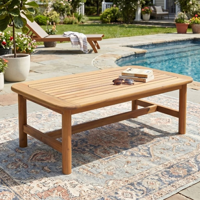 English Elm Jun Outdoor Acacia Wood Slatted Coffee Table Teak Finish Patio Garden Accent N775P405632L