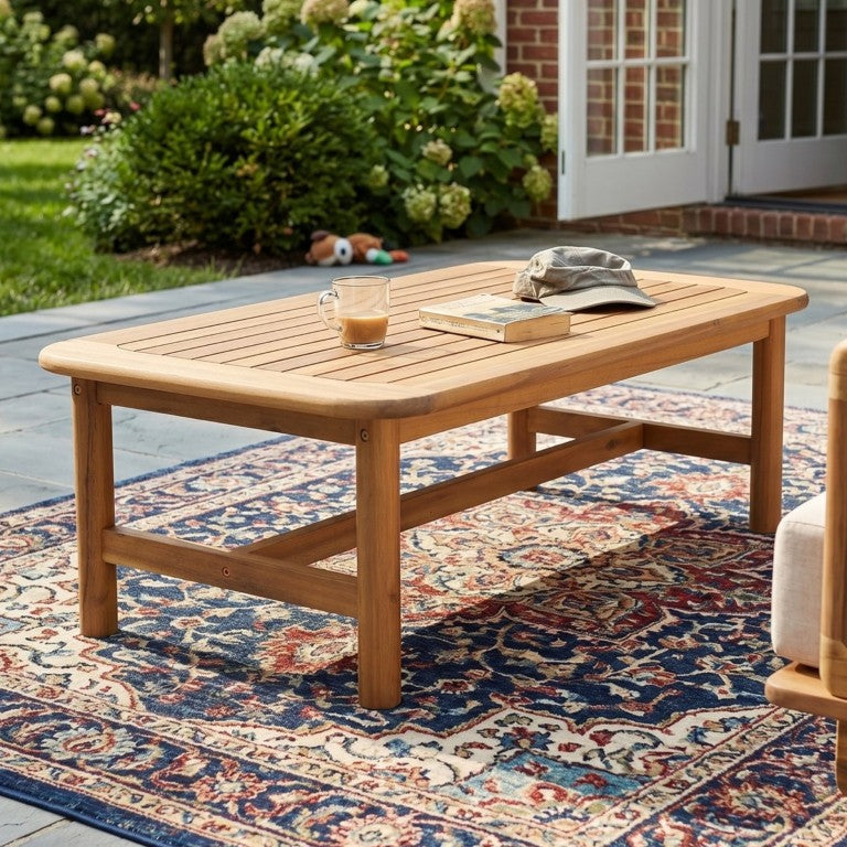 English Elm Jun Outdoor Acacia Wood Slatted Coffee Table Teak Finish Patio Garden Accent N775P405632L