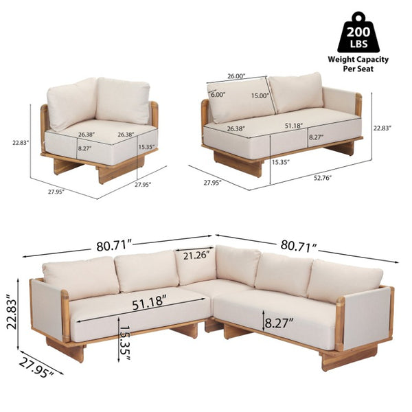 English Elm Jun Outdoor Acacia Wood Sectional Sofa Teak Finish Modular Corner Patio Seating V Shape (without table) N775P405634S