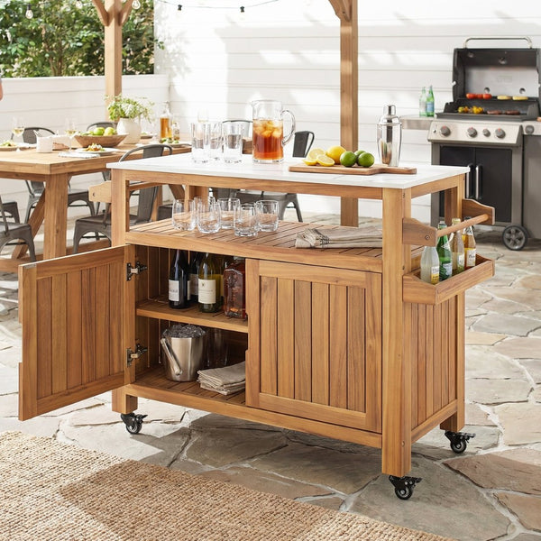 English Elm Murphy Outdoor Acacia Wood Rolling Bar Cart with Marble Effect Top and Locking Storage N775P406145N