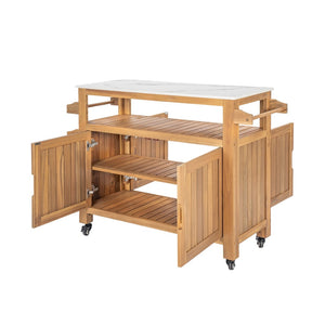 English Elm Murphy Outdoor Acacia Wood Rolling Bar Cart with Marble Effect Top and Locking Storage N775P406145N