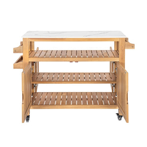 English Elm Murphy Outdoor Acacia Wood Rolling Bar Cart with Marble Effect Top and Locking Storage N775P406145N
