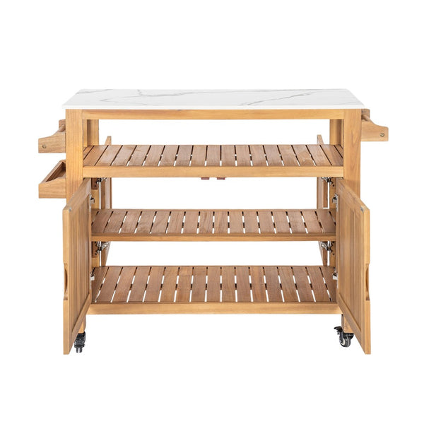 English Elm Murphy Outdoor Acacia Wood Rolling Bar Cart with Marble Effect Top and Locking Storage N775P406145N