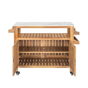 English Elm Murphy Outdoor Acacia Wood Rolling Bar Cart with Marble Effect Top and Locking Storage N775P406145N