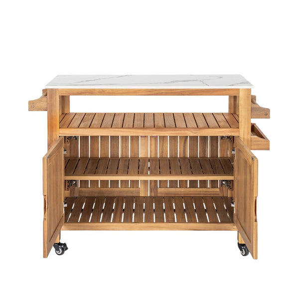 English Elm Murphy Outdoor Acacia Wood Rolling Bar Cart with Marble Effect Top and Locking Storage N775P406145N