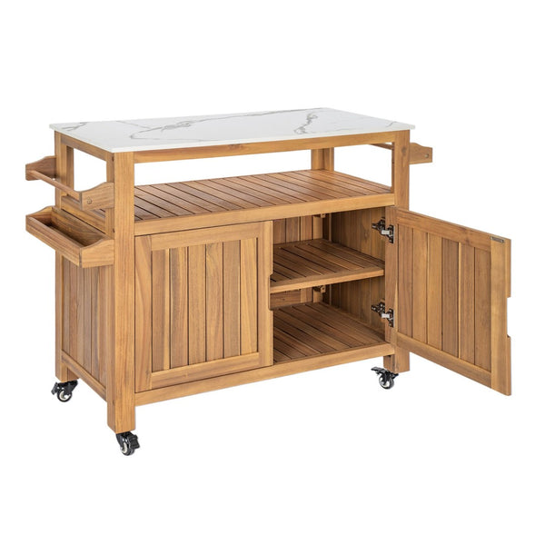 English Elm Murphy Outdoor Acacia Wood Rolling Bar Cart with Marble Effect Top and Locking Storage N775P406145N