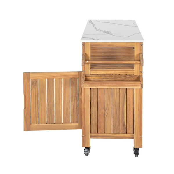 English Elm Murphy Outdoor Acacia Wood Rolling Bar Cart with Marble Effect Top and Locking Storage N775P406145N