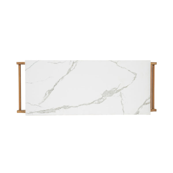 English Elm Murphy Outdoor Acacia Wood Rolling Bar Cart with Marble Effect Top and Locking Storage N775P406145N