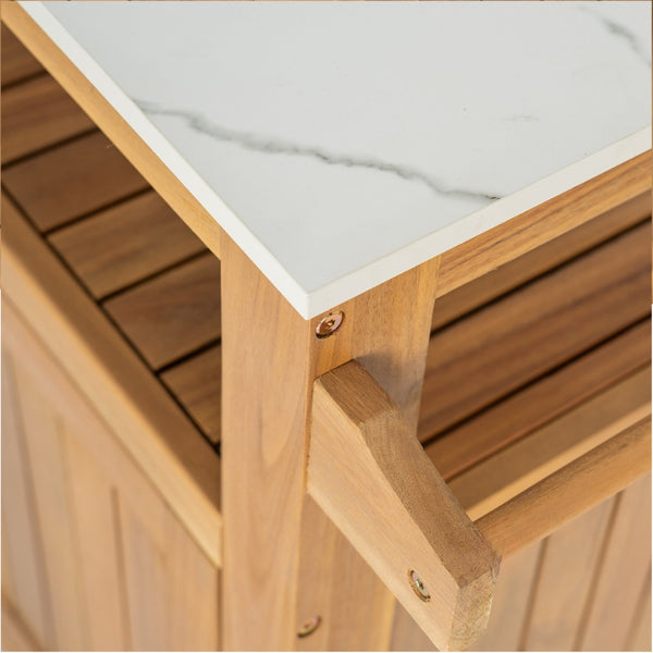 English Elm Murphy Outdoor Acacia Wood Rolling Bar Cart with Marble Effect Top and Locking Storage N775P406145N