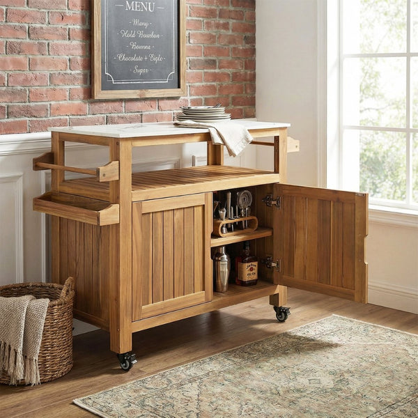 English Elm Murphy Outdoor Acacia Wood Rolling Bar Cart with Marble Effect Top and Locking Storage N775P406145N