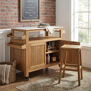 English Elm Murphy Outdoor Acacia Wood Rolling Bar Cart with Marble Effect Top and Locking Storage N775P406145N