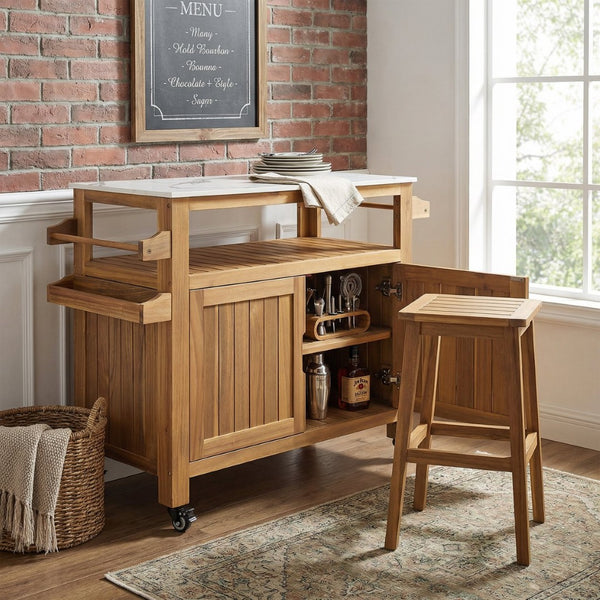 English Elm Murphy Outdoor Acacia Wood Rolling Bar Cart with Marble Effect Top and Locking Storage N775P406145N