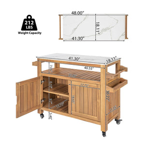 English Elm Murphy Outdoor Acacia Wood Rolling Bar Cart with Marble Effect Top and Locking Storage N775P406145N