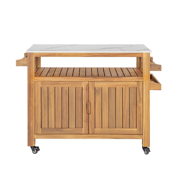 English Elm Murphy Outdoor Acacia Wood Rolling Bar Cart with Marble Effect Top and Locking Storage N775P406145N