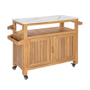 English Elm Murphy Outdoor Acacia Wood Rolling Bar Cart with Marble Effect Top and Locking Storage N775P406145N