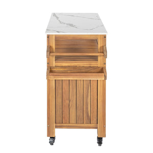English Elm Murphy Outdoor Acacia Wood Rolling Bar Cart with Marble Effect Top and Locking Storage N775P406145N