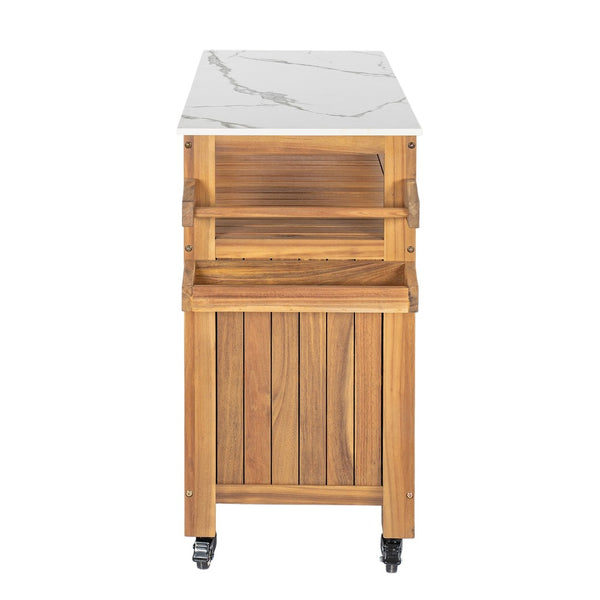 English Elm Murphy Outdoor Acacia Wood Rolling Bar Cart with Marble Effect Top and Locking Storage N775P406145N