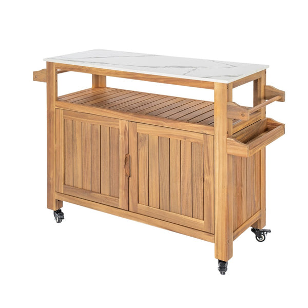 English Elm Murphy Outdoor Acacia Wood Rolling Bar Cart with Marble Effect Top and Locking Storage N775P406145N