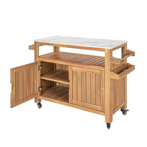 English Elm Murphy Outdoor Acacia Wood Rolling Bar Cart with Marble Effect Top and Locking Storage N775P406145N