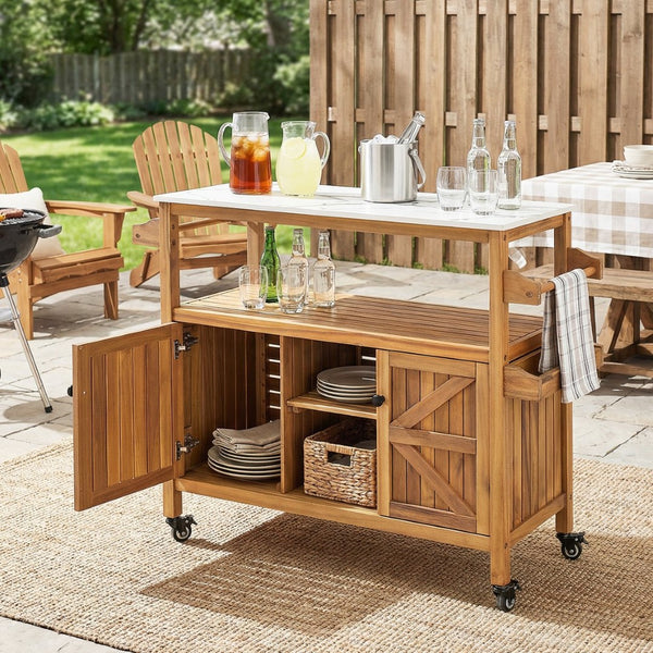 English Elm Outdoor Acacia Wood Bar Cart with Marble Effect Top Barn Cabinet Patio Entertaining N775P406147N
