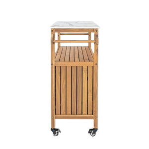 English Elm Outdoor Acacia Wood Bar Cart with Marble Effect Top Barn Cabinet Patio Entertaining N775P406147N