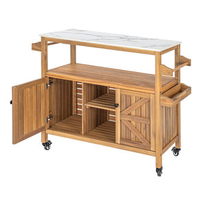 English Elm Outdoor Acacia Wood Bar Cart with Marble Effect Top Barn Cabinet Patio Entertaining N775P406147N