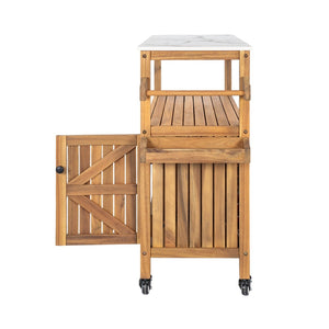 English Elm Outdoor Acacia Wood Bar Cart with Marble Effect Top Barn Cabinet Patio Entertaining N775P406147N