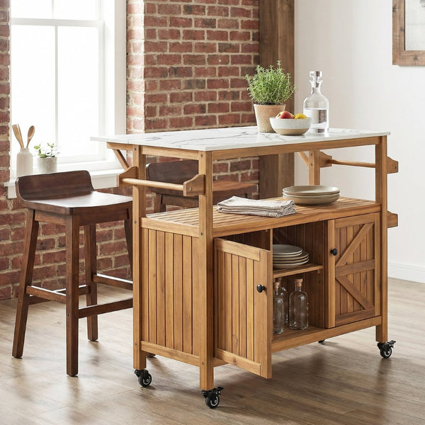 English Elm Outdoor Acacia Wood Bar Cart with Marble Effect Top Barn Cabinet Patio Entertaining N775P406147N