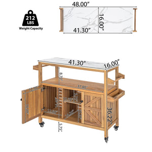English Elm Outdoor Acacia Wood Bar Cart with Marble Effect Top Barn Cabinet Patio Entertaining N775P406147N