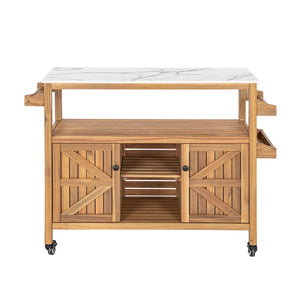 English Elm Outdoor Acacia Wood Bar Cart with Marble Effect Top Barn Cabinet Patio Entertaining N775P406147N