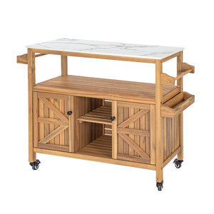 English Elm Outdoor Acacia Wood Bar Cart with Marble Effect Top Barn Cabinet Patio Entertaining N775P406147N