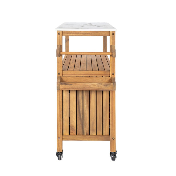 English Elm Outdoor Acacia Wood Bar Cart with Marble Effect Top Barn Cabinet Patio Entertaining N775P406147N