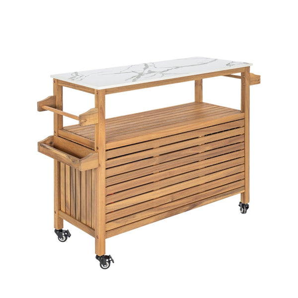 English Elm Outdoor Acacia Wood Bar Cart with Marble Effect Top Barn Cabinet Patio Entertaining N775P406147N