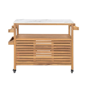 English Elm Outdoor Acacia Wood Bar Cart with Marble Effect Top Barn Cabinet Patio Entertaining N775P406147N