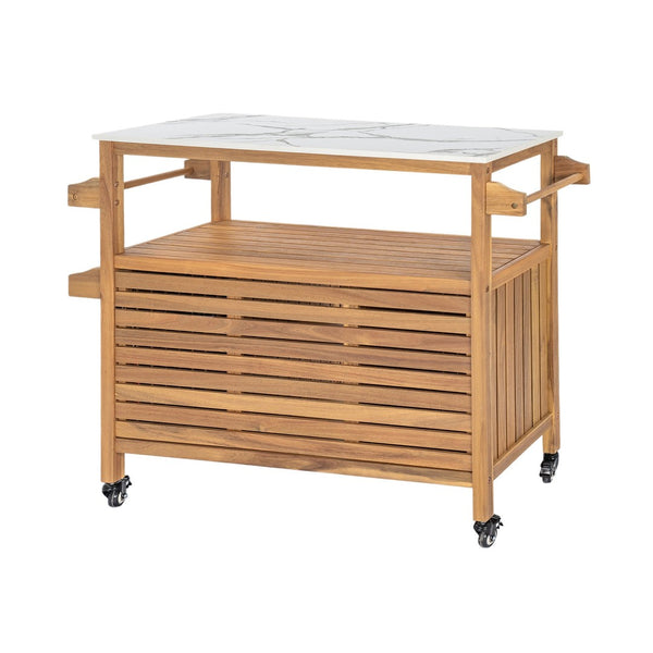 English Elm Outdoor Acacia Wood Bar Cart with Marble Effect Top Barn Cabinet Patio Entertaining N775P406147N