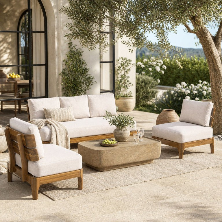 English Elm Galea Acacia Wood Outdoor Conversation Set with Stone Look MGO Table and Beige Cushions N775P409421T-S2_N775P409422T_N775P494346B