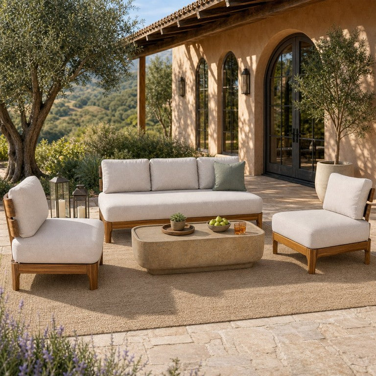English Elm Galea Acacia Wood Outdoor Conversation Set with Stone Look MGO Table and Beige Cushions N775P409421T-S2_N775P409422T_N775P494346B