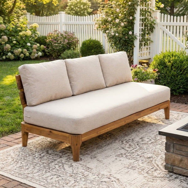 English Elm Galea Solid Acacia Outdoor Sofa with Teak Grain Finish and Beige Cushions for Patio N775P409422T