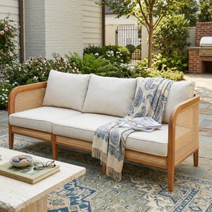 English Elm Kirkby Outdoor Acacia Wood Sofa with Wicker Weave and Cushioned Three Seat Comfort N775P410573T