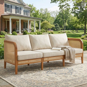English Elm Kirkby Outdoor Acacia Wood Sofa with Wicker Weave and Cushioned Three Seat Comfort N775P410573T