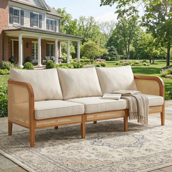 English Elm Kirkby Outdoor Acacia Wood Sofa with Wicker Weave and Cushioned Three Seat Comfort N775P410573T