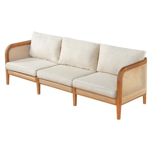 English Elm Kirkby Outdoor Acacia Wood Sofa with Wicker Weave and Cushioned Three Seat Comfort N775P410573T